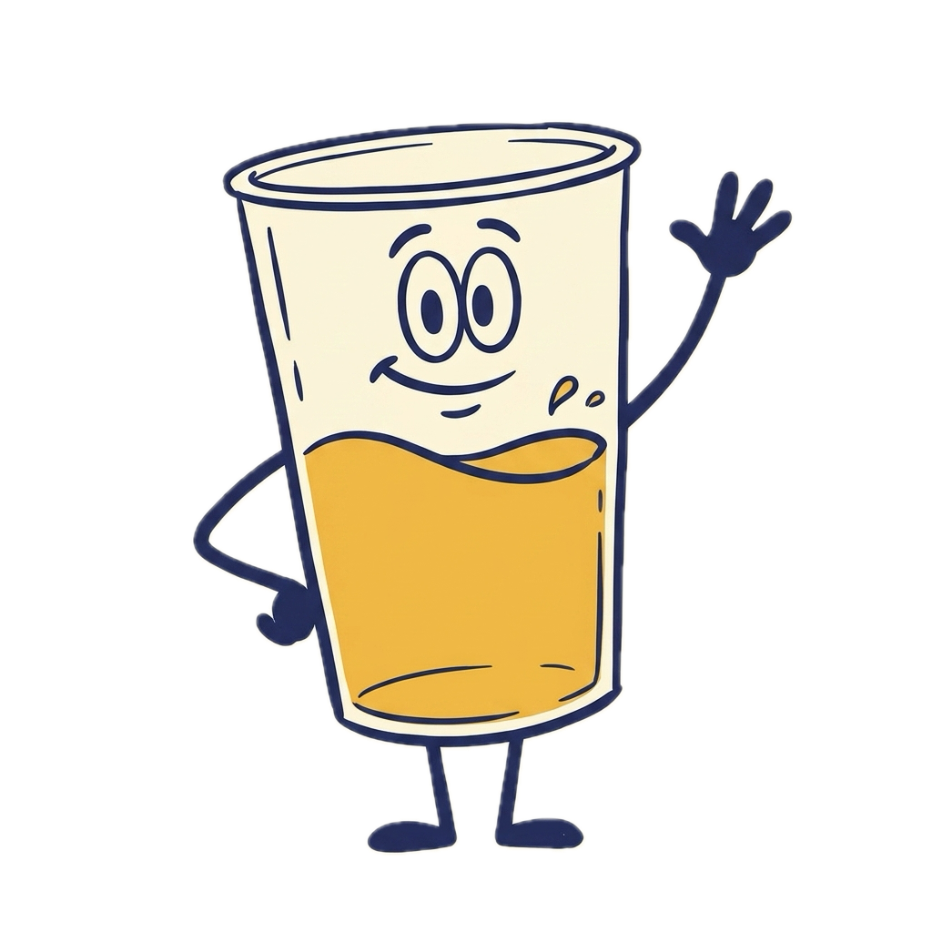 Pinty, the PintsPerDay mascot — a cheerful pint cup two-thirds full, waving hello